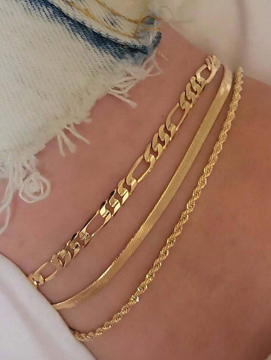 Set Of 3 Unique Design Gold Chain Anklets, Beach And Urban Style, Suitable For Women's Daily Wear, A Great Gift For Friends. - Gold 2 - View 1
