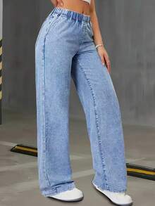 Women's Elastic Waist Wide Leg Jeans, High Waisted Tummy Control Straight Jeans, Acid Washed Denim Trousers With Pockets, Elegant Women's Outfit, Loose Fitting Comfortable Pantalones, Baggy Casual Pants For Travel, Work And Office Wear. - 藍色 - 查看 2