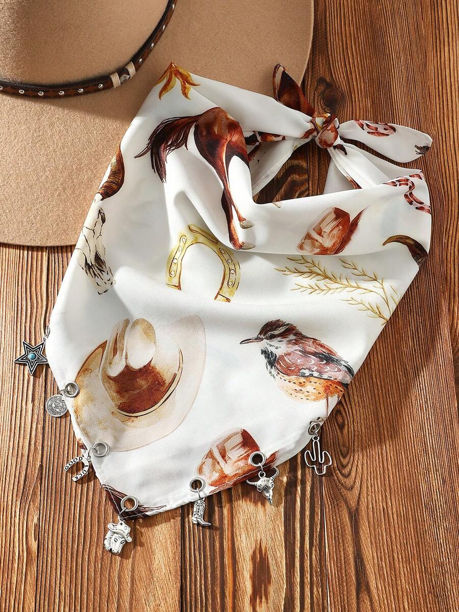 1件装女士时尚牛仔印花西部牛仔风格马头牛头印花围巾，配有牛仔靴、仙人掌、马蹄铁、五角星吊坠装饰，百搭日常佩戴 - 彩色 - 查看 1