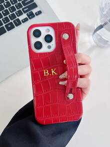 Personalized Customization Name Luxury Imitation Crocodile-Patterned Leather Wristband Phone Cover, Compatible With Apple 17 16 15 14 13 12 11 Pro, Great Gift For Valentine's Day, Birthday, Holiday, Men & Women, Anniversary, Wedding, Parents (PU Leather, Foil Print) - Royal Blue - View 4