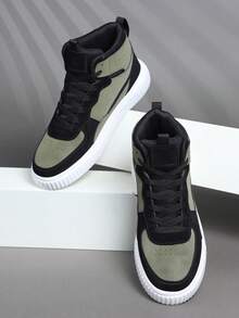 2026 New Casual Men's Shoes, Retro Classic Military Green Sneakers, Leather Lace-Up Casual Shoes, Thick Sole Elevated, Soft Comfortable Breathable Lightweight Sole, Versatile Daily Commute, High-Top Men's Sneakers, Men's Casual Shoes, Fashionable Personality Street Style Student Handsome Shoes, Lace-Up Men's Shoes, Men's Skateboard Shoes - Army Green - View 4