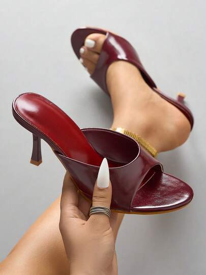 Women's Stiletto High Heel Mules, Breathable Slip-On Sandals, Sexy Casual Versatile Open Toe Elegant Comfortable Flip Flops, Wine Red