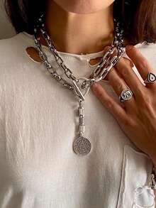 1件装时尚朋克风圆形几何OT链项链，不锈钢银色吊坠项链，男女皆宜，适合日常、派对、音乐节佩戴 - 銀色 - 查看 1