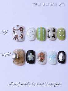10 buc/set, modele rotunde și scurte de palmier, lucrate manual, în stil multicolor Y2K, cu model 3D din cristale pictate manual și design floral cu gradient, desenat manual. 1 bucată de gel și 1 bucată de pilă de unghii. Perfecte pentru viața de zi cu zi și pentru costume la Festivalul de muzică Coachella, unghii adezive și produse de îngrijire a unghiilor. Unghii adezive lucrate manual. - Multicolor - Vizualizare 2