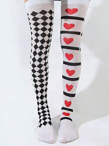 梦幻仙境不规则扑克菱形格纹/心形卡通风格艺术长筒袜，适合音乐节、舞会、魔术师和万圣节恶搞服装 - 彩色 - 查看 6