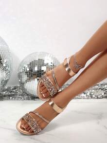 Women's Spring/Summer New European & American Middle East Fashion Casual Rhinestone Sequin Round Toe Open Toe Slip-On Beach Sandals Flat Slippers - Champagne - View 2