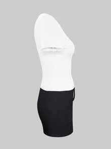 LovelyWholesale Women's Casual Solid Color Round Neck Short Sleeve T-Shirt And Drawstring Shorts Set, Summer Elegant - Black and White - View 7