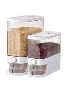 1pc Rice Dispenser, Large Grain Dry Grain Storage Container, Sealed Moisture-Proof Rice Storage Container With Measuring Cup, Suitable For Kitchen Food Storage Room Household Use - White - View 1