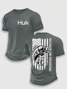 (220 Pieces Of Pure Cotton T-Shirts)HUK HOOKED ON FREEDOM Performance Fishing T-Shirt, Moisture Wicking Quick Dry Tee, High-Quality Graphic Printed Outdoor Sportswear, Men's Short Sleeve Shirt, American Flag Bass Art, Patriotic Slogan Graphic, Holiday Gift, Performance Gear, Lightweight Breathable, Camisetas Para Hombre, Men Vacation Outfits, Urban Outdoor Style - Grey - View 1