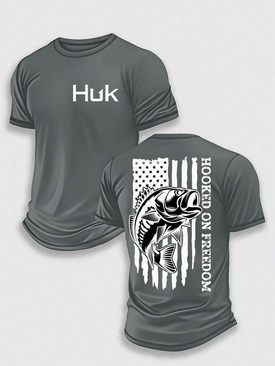 (220 Pieces Of Pure Cotton T-Shirts)HUK HOOKED ON FREEDOM Performance Fishing T-Shirt, Moisture Wicking Quick Dry Tee, High-Quality Graphic Printed Outdoor Sportswear, Men's Short Sleeve Shirt, American Flag Bass Art, Patriotic Slogan Graphic, Holiday Gift, Performance Gear, Lightweight Breathable, Camisetas Para Hombre, Men Vacation Outfits, Urban Outdoor Style - Grey - View 1