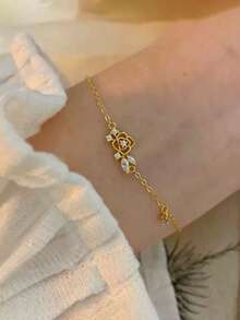 GAGAFEEL 1pc 925 Sterling Silver Fashionable Elegant Cute Rose Flower Cubic Zirconia Chain Bracelet, Suitable For Women's Daily Wear, Friendship & Birthday Gift - Gold - View 2