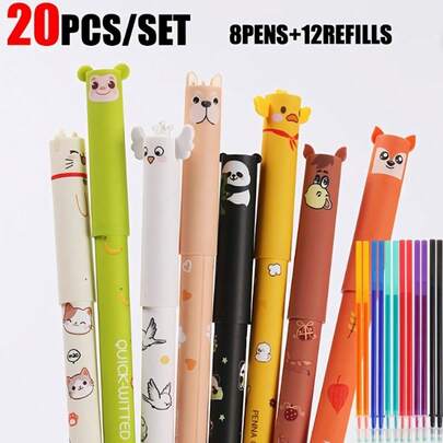 20支装全新动物造型可擦凝胶笔套装，包含8支不同颜色墨水的笔和12支替换笔芯，适用于书写、绘画、涂色、涂鸦，可用作学生奖励或返校礼物。