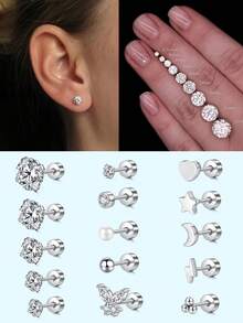 1对耳钉 20G 平底极简耳钉 闪亮圆形锆石 多款式耳钉 心形、星星、月亮、蝴蝶和仿珍珠 女士耳钉饰品 - 銀色 - 查看 1