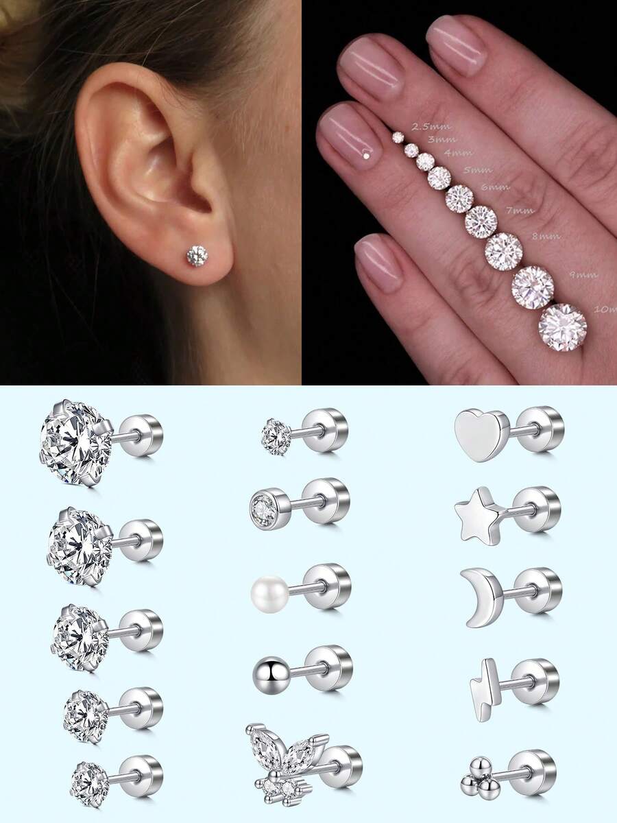 1对耳钉 20G 平底极简耳钉 闪亮圆形锆石 多款式耳钉 心形、星星、月亮、蝴蝶和仿珍珠 女士耳钉饰品 - 銀色 - 查看 1