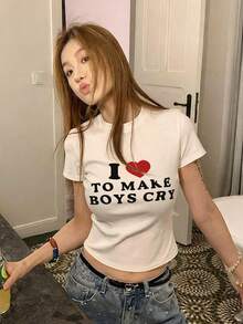 Camiseta de manga corta de cuello redondo para bebé estadounidense, nueva blusa corta de verano con estampado de corazón y letras, ajuste ceñido para mujer - Blanco - Ver 8