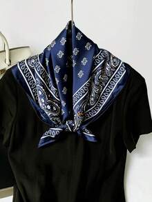 1pc 70*70cm Square Silk Scarf, Women's Satin Printed Headscarf, Neckerchief, Headband, Fashion Ladies Shawl, Scarf - Navy Blue - View 2