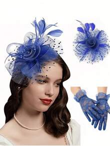 3pcs Fascinator With Lace Gloves Tea Party Hat For Horse Racing Flower Kentucky Derby Hat For Women Mother's Day Gift - Multicolor - View 17