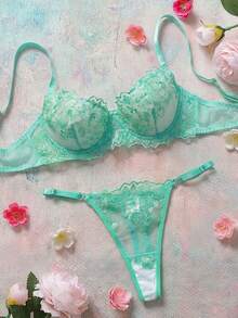 Elorette 2 Pieces Vintage Blue Sexy Women's Lingerie Set - Green - View 4