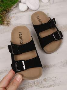 Summer New Kids Anti-Slip Soft Bottom Double Buckle Minimalist Fashion Flat Slippers Beach Sandals, Suitable For Beach Vacation - Black - View 3