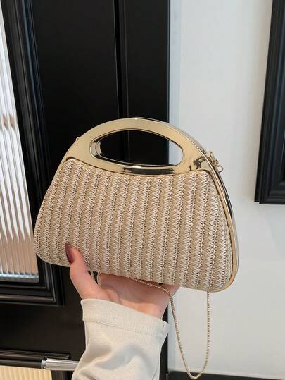 New Rainbow Woven Evening Bag, Gold Handle Chain Crossbody Bag, Niche High-End Clutch, Handbag With Zipper Closure, Vacation Style Shoulder Bag, Retro Gold Handle Rainbow Woven Evening Bag, French Niche Design, Detachable Chain