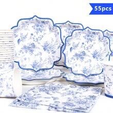 Conjunto de Suprimentos Descartáveis para Festa de Porcelana Azul e Branca com Formato de Pétalas, Pratos, Guardanapos, Copos - Adequado para 10 Convidados, Pratos de Papel Descartáveis para Festa, Aniversário, Casamento, Piquenique - Estilo 1 - Visão 1