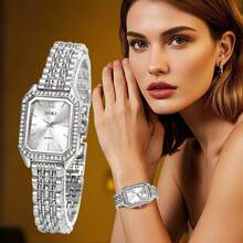 SOKI 6pcs Square Rhinestone Watch Jewelry Set, Women's Silver Twisted Quartz Wristwatch, Necklace, Earrings, Bracelet, Ring Crystal Accessories Gift Set (Gift Box Not Included) - Silver - View 4
