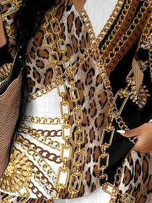 1 Set Luxury Attribute Woven Fabric Structured & Stylish Women's Daily Outing Summer Birthday Gift Color Block Leopard Print Gold Chain Print Women's Plus Size Two-Piece Set - 彩色 - 查看 4