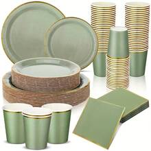 10pcs/20pcs/50pcs Set Sage Green Paper Plates, Cups, Napkins Disposable Tableware Set, Sage Green With Gold Trim Baby Shower Birthday Wedding Party Supplies And Decorations - Mouse Green - View 1