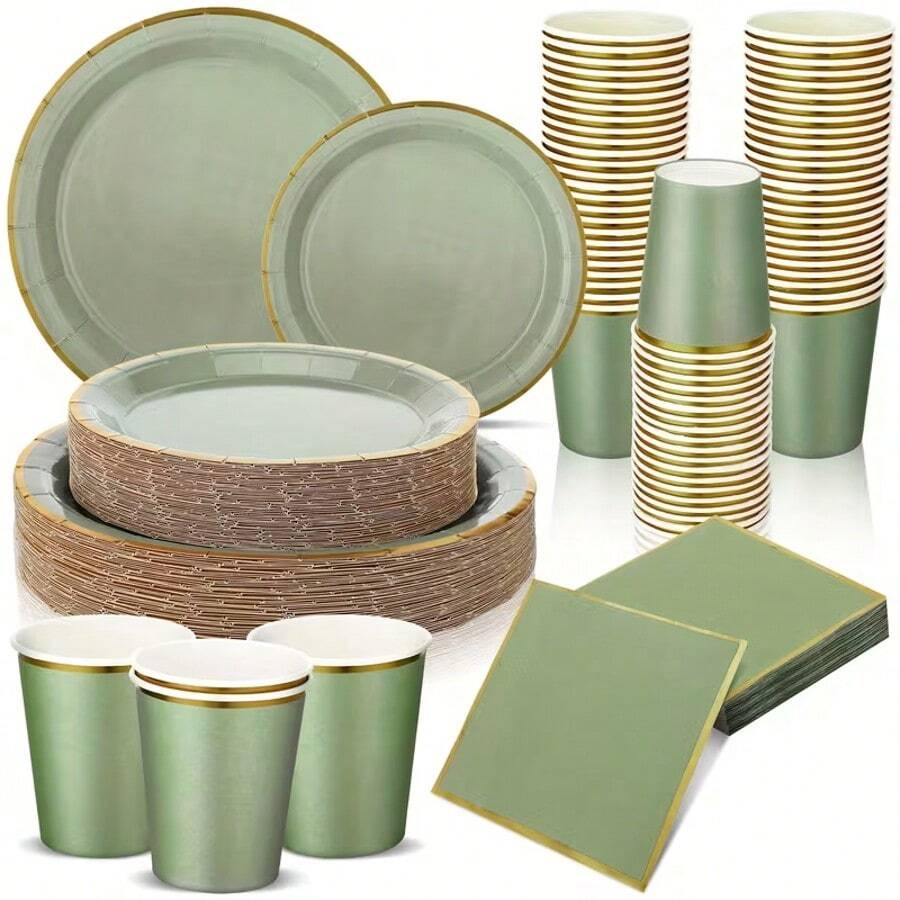 10pcs/20pcs/50pcs Set Sage Green Paper Plates, Cups, Napkins Disposable Tableware Set, Sage Green With Gold Trim Baby Shower Birthday Wedding Party Supplies And Decorations - Mouse Green - View 1