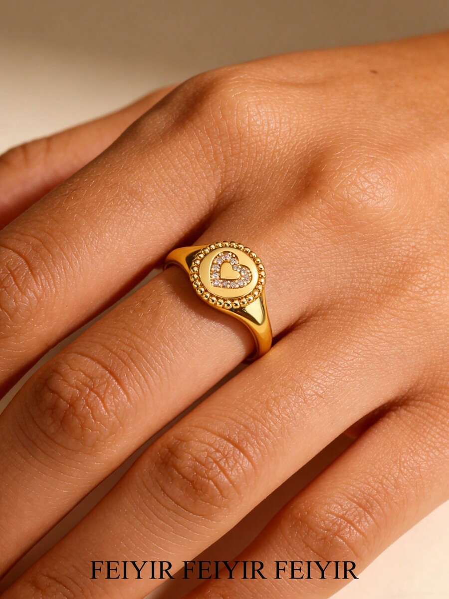 优雅心形立方氧化锆戒指，7号和8号尺寸，金色防锈铜戒圈，适合婚礼、节日派对、周年纪念日和生日等场合佩戴。 - 多色 - 查看 1