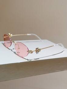 1 Pc Women's New Oval Frame Fashion Glasses Rimless Design Simple Decorative Glasses Novel Temple Design Shiny Rhinestone Decoration Solid Color Women's Fashion Accessory - Multicolor - View 14