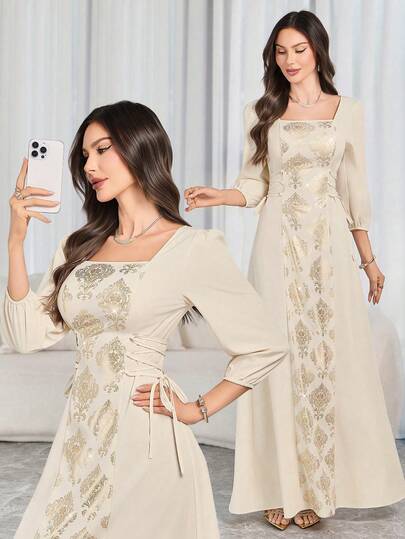 Vestido elegante de mujer con ribete dorado - Con cintura con cordón y mangas abullonadas, minimalista y de moda, ideal para celebraciones del Año Nuevo de Oriente Medio y uso diario