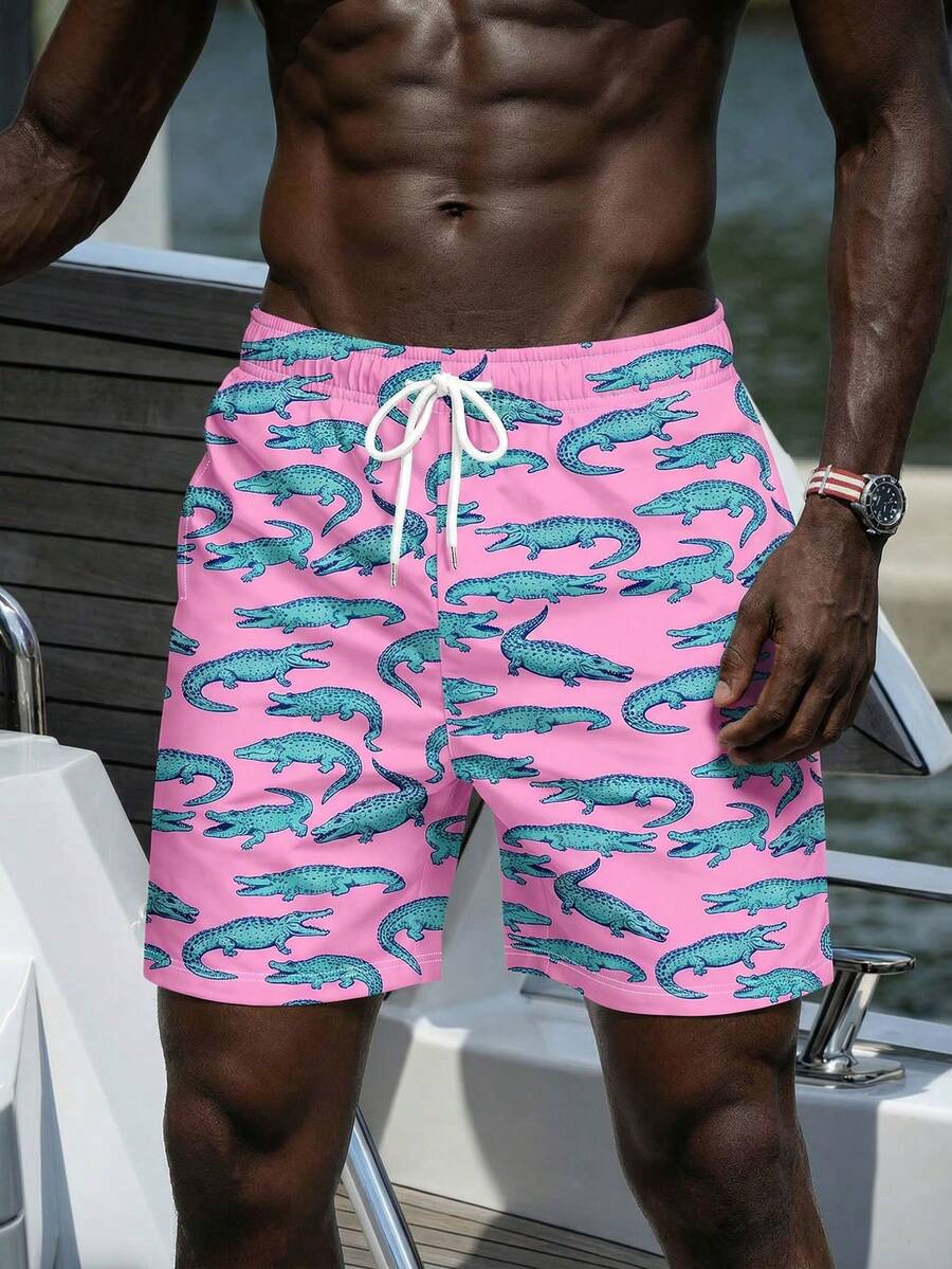 男士休闲鳄鱼纹沙滩短裤，度假风 - 彩色 - 查看 1