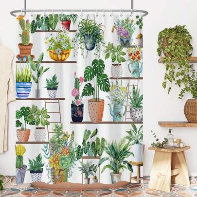 1pc Fashionable Potted Plant Shower Curtain, Simulated Plant Rack Printed Shower Curtain, Very Suitable For Bathroom Decoration, Universal Room Decoration, Home Decoration Shower Curtain, Bathroom Accessories Bathtub Curtain Shower Curtain