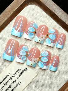 10pcs Handmade Artificial Nail Tips, Square Design, 3D Carving Craft, Decorated With 3D Small Peony Flowers, French Beige And Blue Color, Porcelain-Like Style, Golden Accents, Fresh Girl Style, Reusable Press On Nails - Baby Blue - View 3