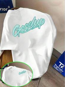 Niche Style Short-Sleeve T-Shirt, "Geedup" Ice Blue Artistic Font Print, A Standout Piece Embracing Niche  And Street Culture! Round Neck Short-Sleeve Top, Casual Loose Knit T-Shirt, Perfect For Casual Attire And Sporty Outfits - 黑色 - 查看 12