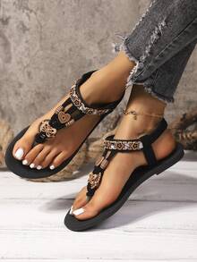 波西米亚风木质纽扣水钻装饰舒适轻便平底凉鞋 - 黑色 - 查看 2
