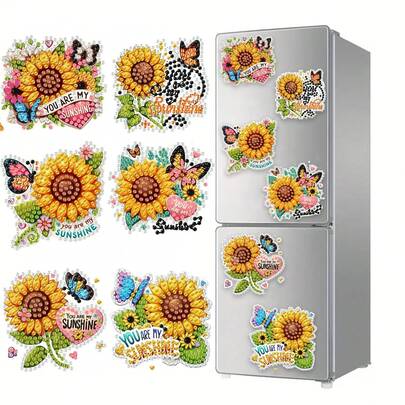 6 件装钻石画冰箱贴，向日葵钻石画装饰，DIY 钻石画磁铁套装，适用于工艺品、礼品、冰箱、邮箱装饰