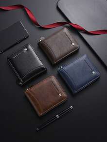 New Retro Men's Wallet, Short Bifold Leather Card Holder Zipper Wallet, Easter - Multicolor - View 3