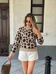 Jersey de mujer de punto con estampado de leopardo, cuello redondo, manga larga, detalles de punto acanalado, ajuste regular, adecuado para el uso diario en otoño/invierno - Albaricoque - Ver 6