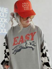 Easy Tiger Shirt Retro Boho Tee Unisex Aesthetic Shirt Graphic Tee Y2k Woman Teen Girls Tee Crew Neck Cool Summer Shirt Short Sleeve Top,Animal Fruite Pet Pattern, Women Graphic-Shirt, Fashion 2026,Gifts, Women's Clothing, Cartoon And Letter Printing, Comfortable Cotton Material, Skin Friendly, Soft And Cool, Spring Summer Women's-Shirt Clothing - Xám - Xem 10