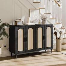 Gabinete de buffet de aparador de madera con 4 puertas, Ratan Side Board Accent Buffet con toma de corriente, aparador de madera, gabinete Boho para la entrada, pasillo, comedor, sala de estar, café bar - Negro - Ver 3