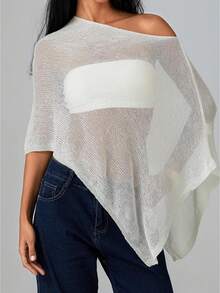 Women Sheer Knit Crochet Poncho Top Mesh Off Shoulder Shrug Summer Asymmetrical Shawl See Through Bolero Cover Up Tops - trắng - Xem 1