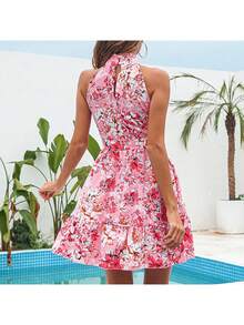 Women's Dress 2026 Spring Summer, New Collection, Elegant, Adjustable Strap, Ruffles, Wide Skirt, Floral Print, - Coral Pink - View 3