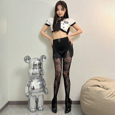 1 Pair Vintage Lace Net Stockings, Sexy Hollow Floral Knit Thin Fabric, Dark Aesthetic Black/White/Red Pantyhose, Spring/Summer