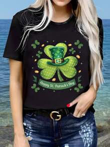Camiseta de mujer para el Día de San Patricio - Patrón de trébol, cuello redondo casual, mangas cortas, lavable a máquina, adecuada para el uso diario en primavera y verano. - Oscuro - Ver 2