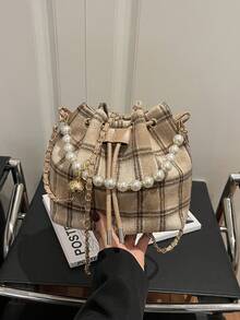 迷你水桶包、格子珍珠手提包、单肩斜挎包、多功能链条包 - 卡其色 - 查看 4