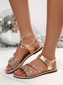 Women's Spring/Summer New European & American Middle East Fashion Casual Rhinestone Sequin Round Toe Open Toe Slip-On Beach Sandals Flat Slippers - Champagne - View 3