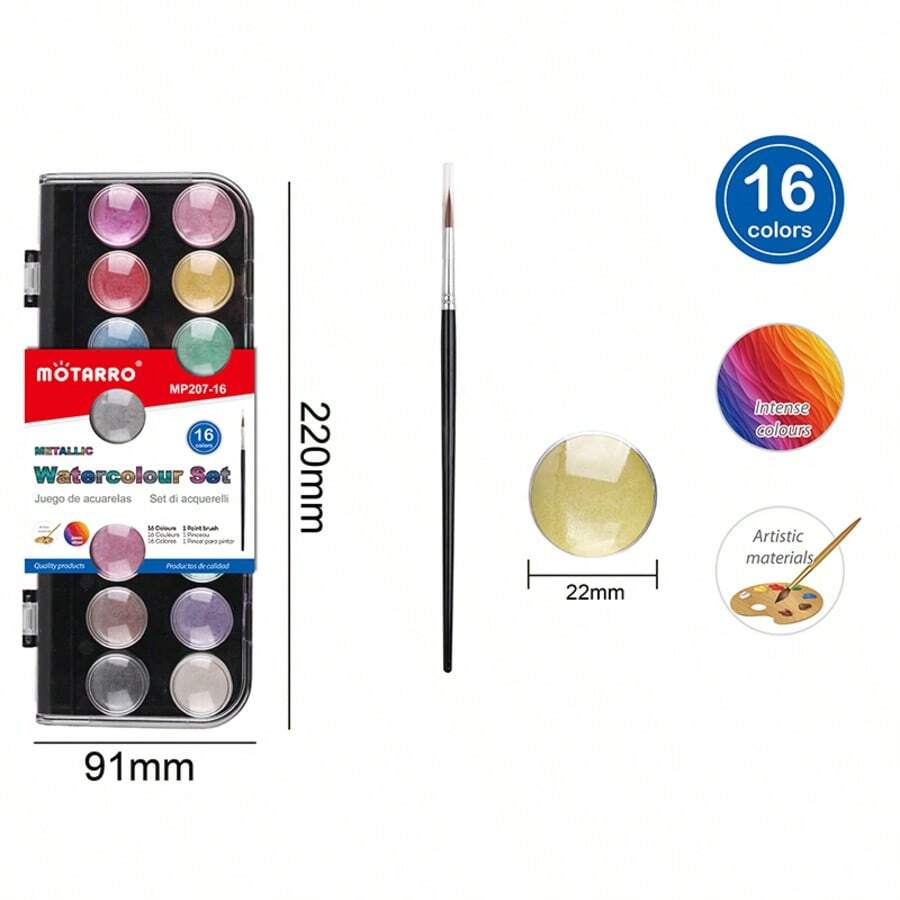 Motarro* Conjunto de tinta aquarela semiúmida MOTARRO com 16 cores e pincéis. Tintas aquarela semi-em pastilha para iniciantes. Material de arte portátil para escola e viagens. - Conjuntos - Ver 1
