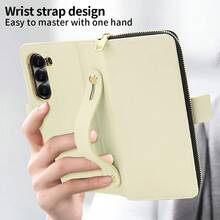 VIETAO Multifunctional Zipper Wallet Faux Leather Mobile Phone Case Bag Compatible With Samsung Galaxy Z Fold 4 5 6 7 Wrist Band Golden Plated Protective Cover - Off White - View 3
